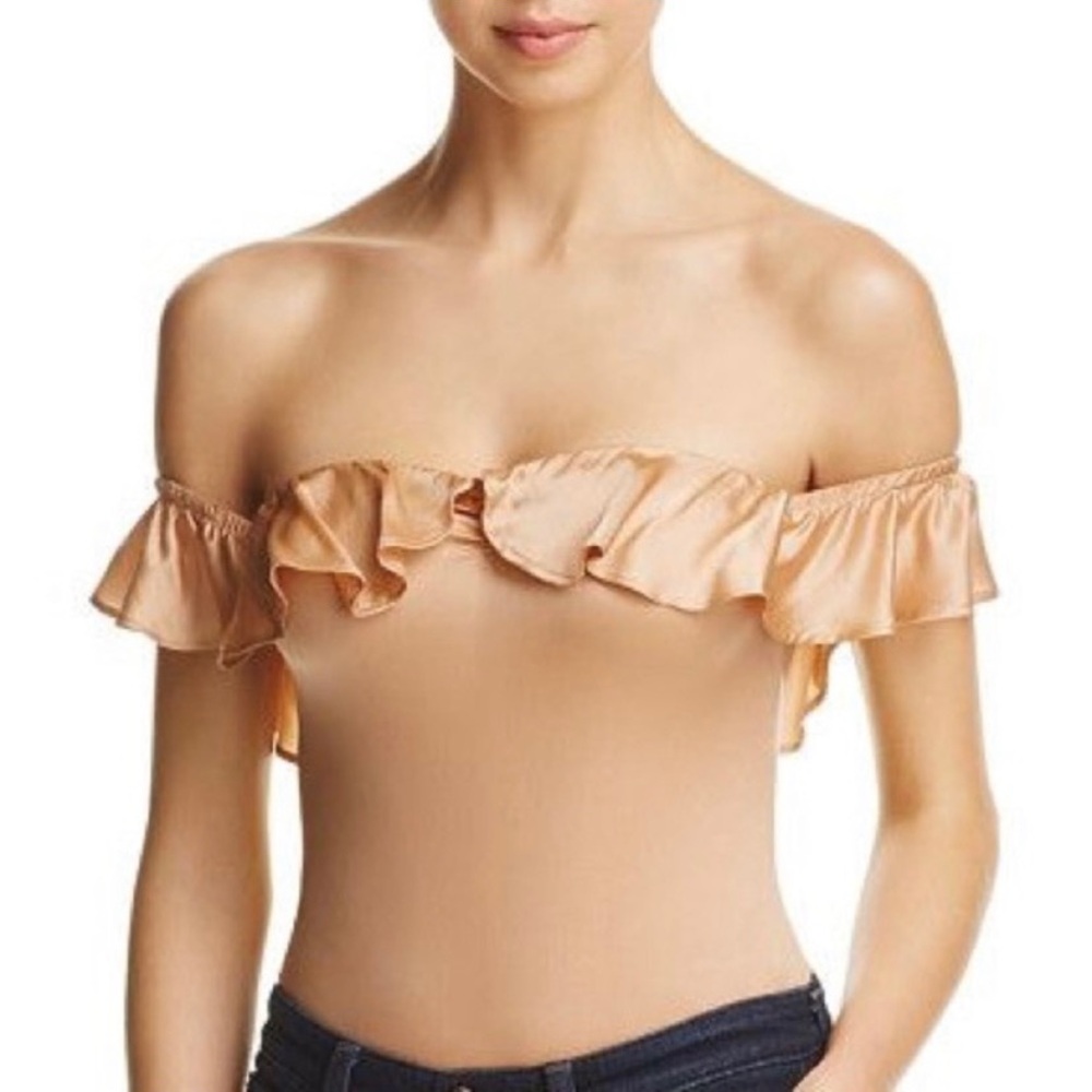 For Love & Lemons x Revolve Silk Blend Champagne Off-Shoulder Thong Bodysuit XS - Picture 11 of 13